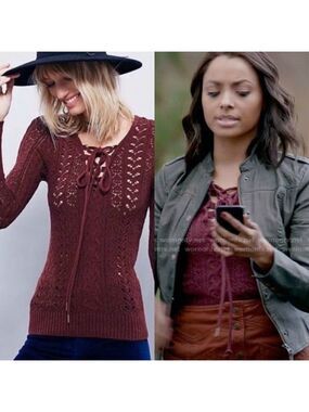 𝅺RARE Free People Ginger Cross Tie Leather Knit Sweater Bonnie Vampire Diaries